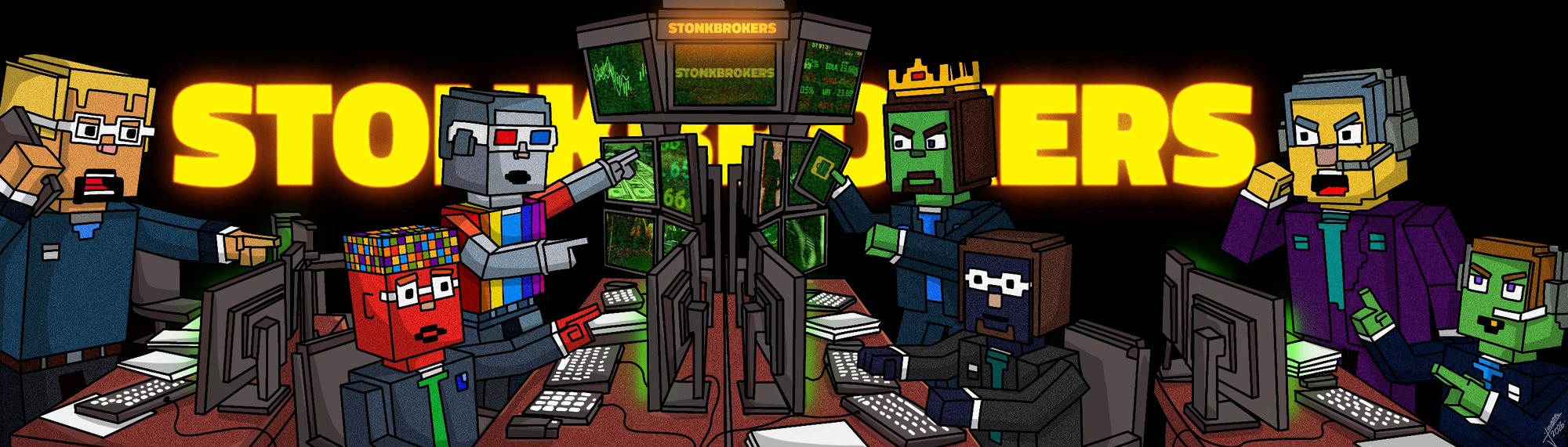 The StonkBrokers trading floor, filled with colorful brokers and trading screens
